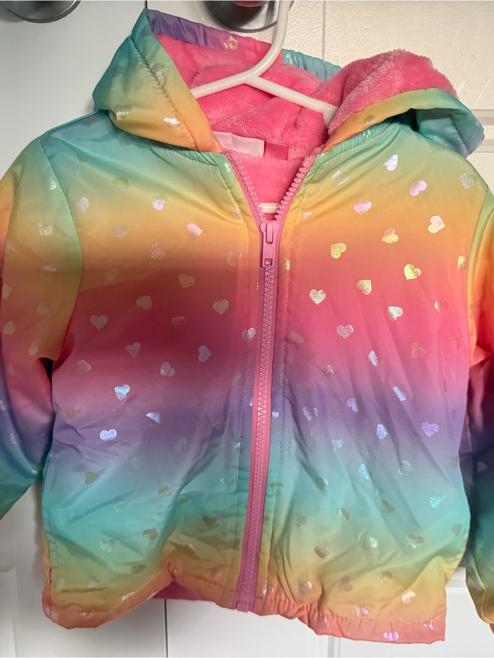 Penelope Mack Rainbow Heart Hooded Puffer Jacket - Pink, Yellow, Blue, Purple